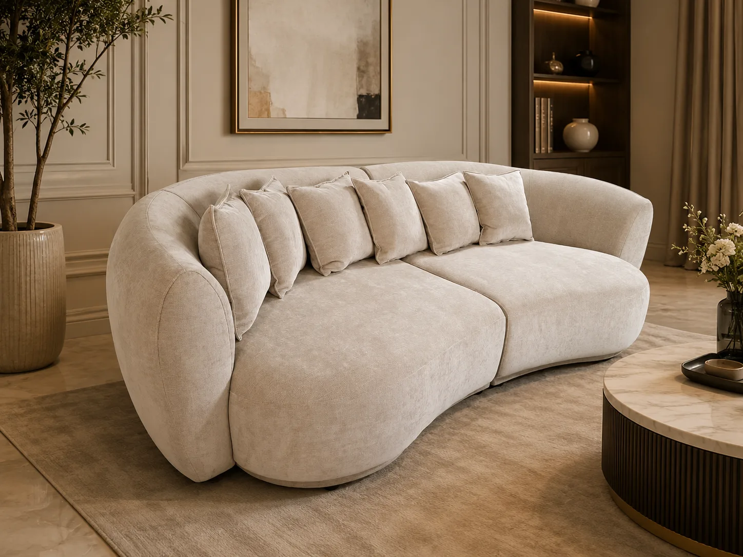 ספה מעוגלת יוקרתית דגם "Pillow-Back" מבד שניל פרימיום